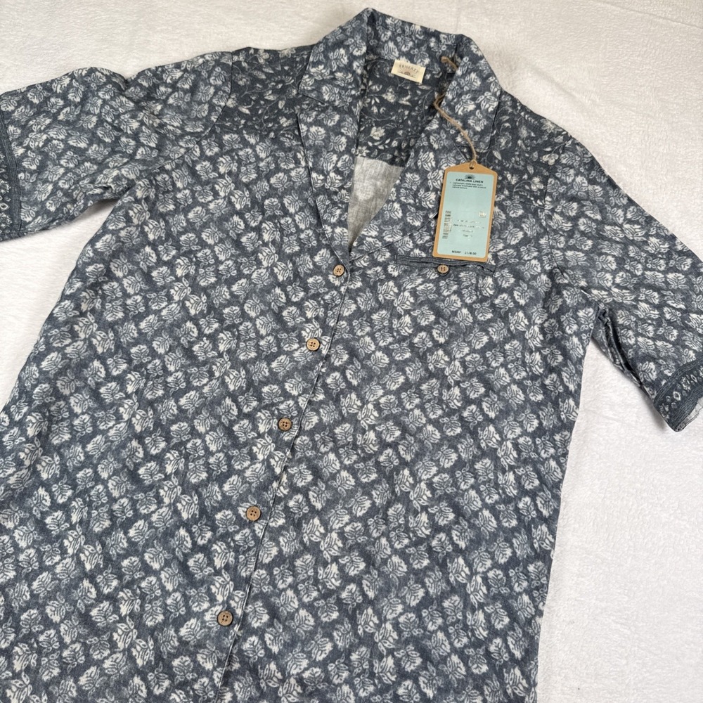 New! Faherty Catalina 100% Linen Shirt Dress Collared Gray Blue Floral Size S